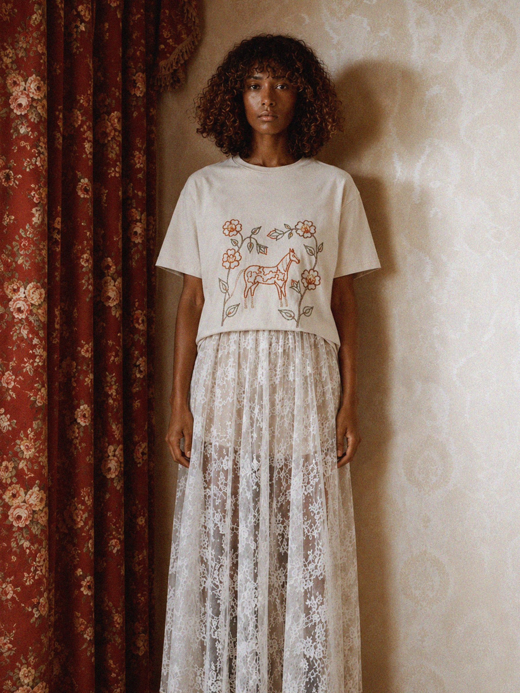 Embroidered Floral Horse Tee